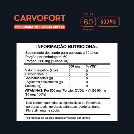 Carvofort + Piridoxina + Carvão Ativado 500mg 60 cápsulas Fortlife