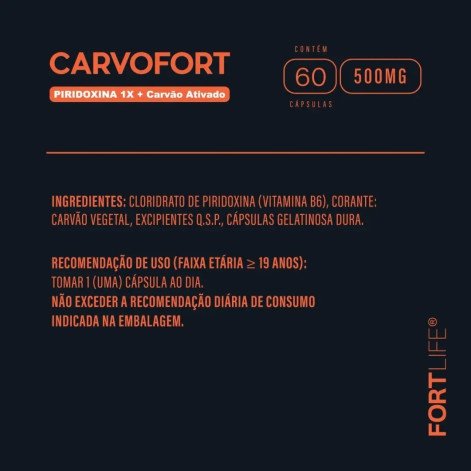 Carvofort + Piridoxina + Carvão Ativado 500mg 60 cápsulas Fortlife