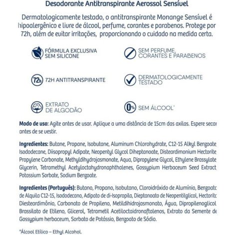 Desodorante Antitranspirante Aerosol Monange Sensível 72h 150ml
