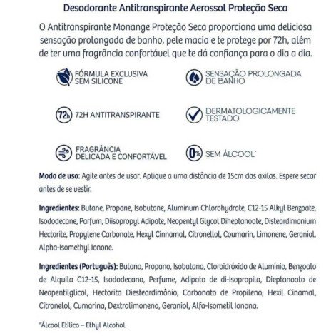 Desodorante Antitranspirante Aerosol Monange Proteção Seca Feminino 48h 150ml