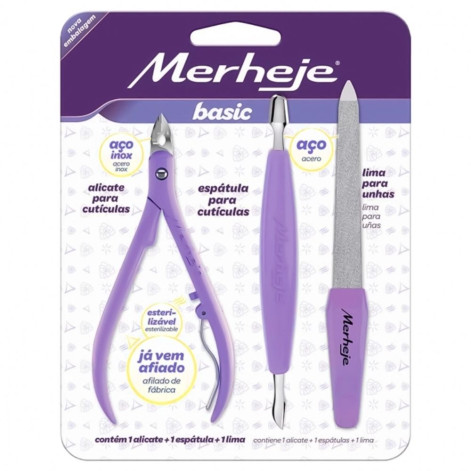 Kit Basic Merheje Lilás Alicate para Cutículas + Espátula + Lima 