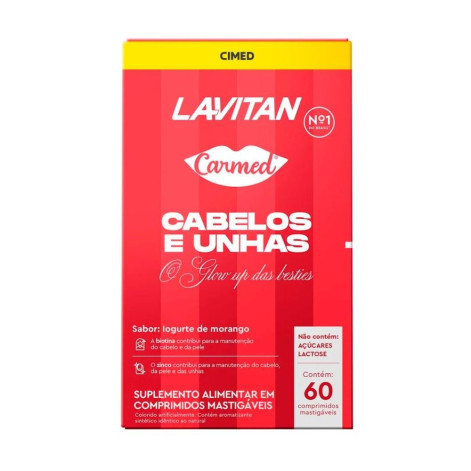 Suplemento Alimentar Lavitan Carmed Cabelos e Unhas Sabor Iogurte de Morango 60 Comprimidos Mastigáveis