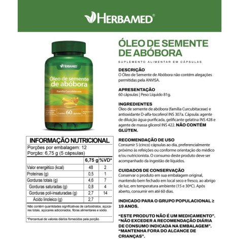 Óleo de Semente de Abóbora 60 Cápsulas 500mg Herbamed