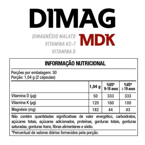 Dimag MDK 400mg Di-Magnésio Malato Vitamina D e K2-7 60 Cápsulas