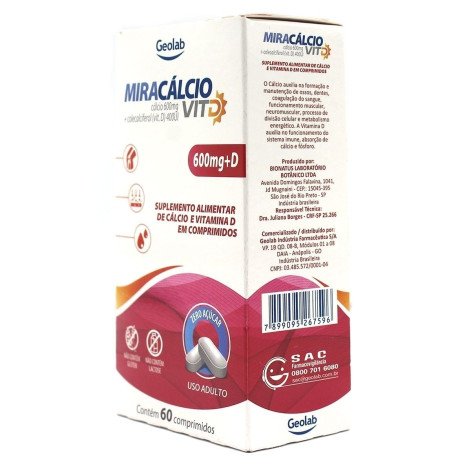 Miracálcio Vitamina D 600mg + Vitamina D 400UI Com 60 Comprimidos Geolab