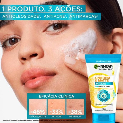 Esfoliante Garnier Uniform & Matte Antiacne 3 em 1 Limpeza Facial 120g