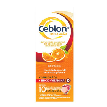 Vitamina C Efervescente Cebion Sabor Laranja Tripla Ação 10 comprimidos