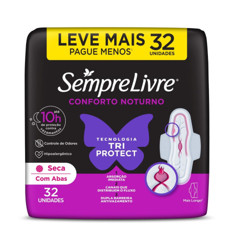 Absorvente Externo Sempre Livre Conforto Noturno Seca com Abas 32 Unidades