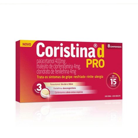  Coristina D Pro Cloridrato Fenillefrina 4mg + Paracetamol 400mg + Maleato de Clorfeniramina 4mg 8 comprimidos