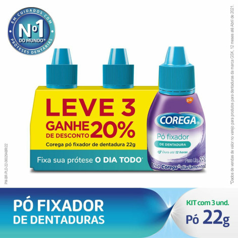 Kit Pó Fixador de Dentadura Corega 3 em 1 22g 3 unidades