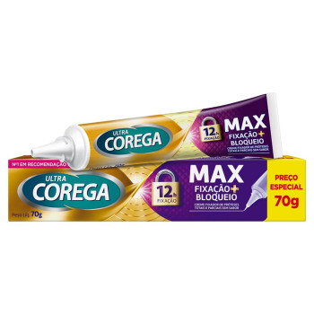 Creme Fixador de Dentadura Ultra Corega Max Fixação + Bloqueio Sem Sabor 70g