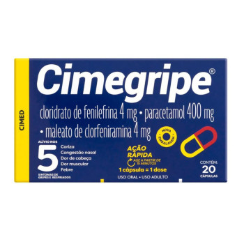 Cimegripe Cloridrato Fenillefrina 4mg + Paracetamol 400mg + Maleato de Clorfeniramina 4mg 20 cápsulas