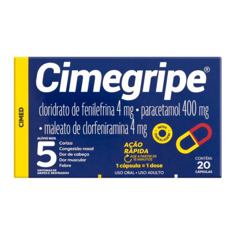 Cimegripe Cloridrato Fenillefrina 4mg + Paracetamol 400mg + Maleato de Clorfeniramina 4mg 20 cápsulas