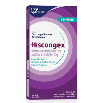 Hiscongex Maleato de Bronfeniramina 12mg + Cloridrato de Fenilefrina 15mg Caixa 12 Comprimidos